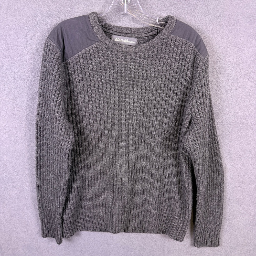 Eddie Bauer Sport Shop Sweater Mens L Gray Wool Blend Ribbed Knit Shooting Patch